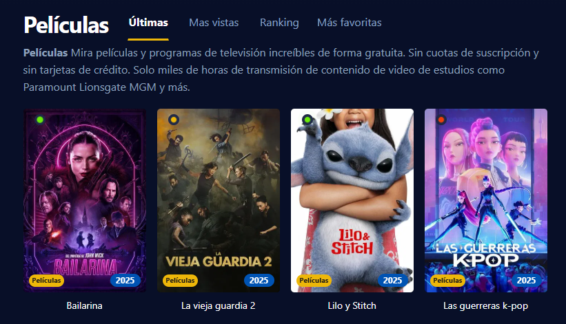 Captura de pantalla de la interfaz de usuario de Pepelisplus mostrando películas y series ordenadas por temas